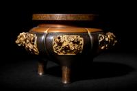 A Japanese Mixed Metal Inlaid Bronze Tripod Censer