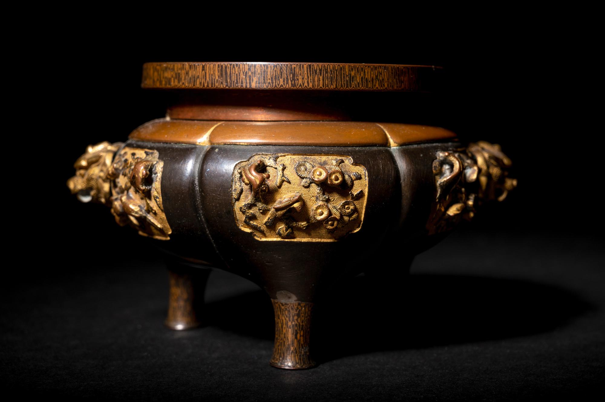 A Japanese Mixed Metal Inlaid Bronze Tripod Censer