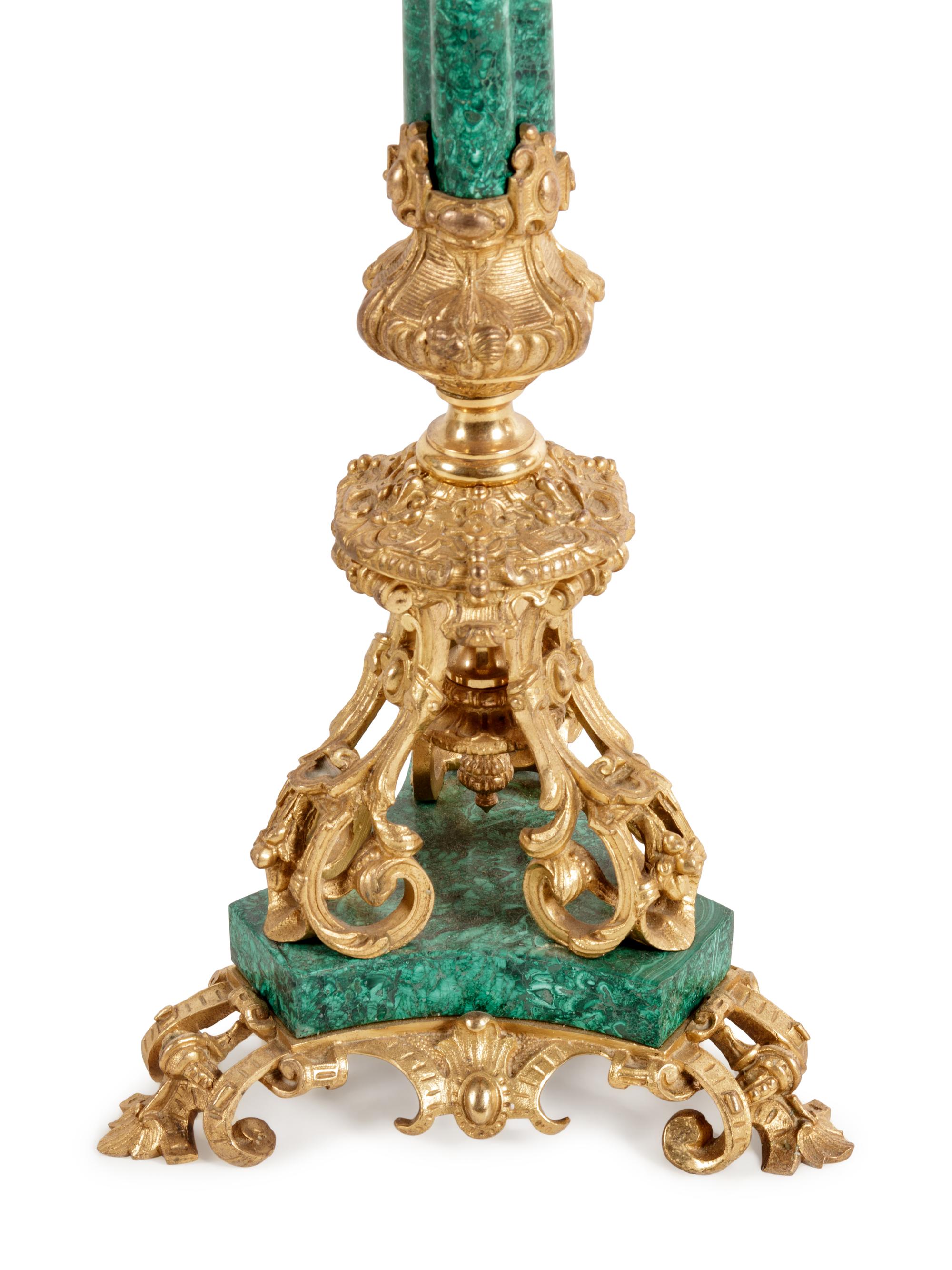 A Pair of French Gilt Bronze and Malachite Six-Light Candelabra