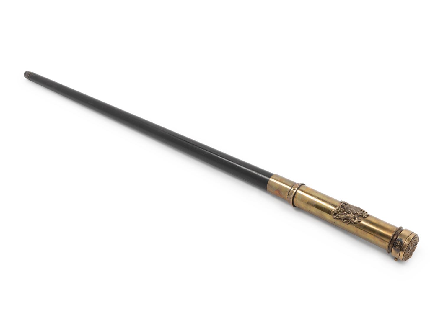 An English Silvered Metal Mounted Brass 'Dieu et mon Droit' Explorer's Walking Stick