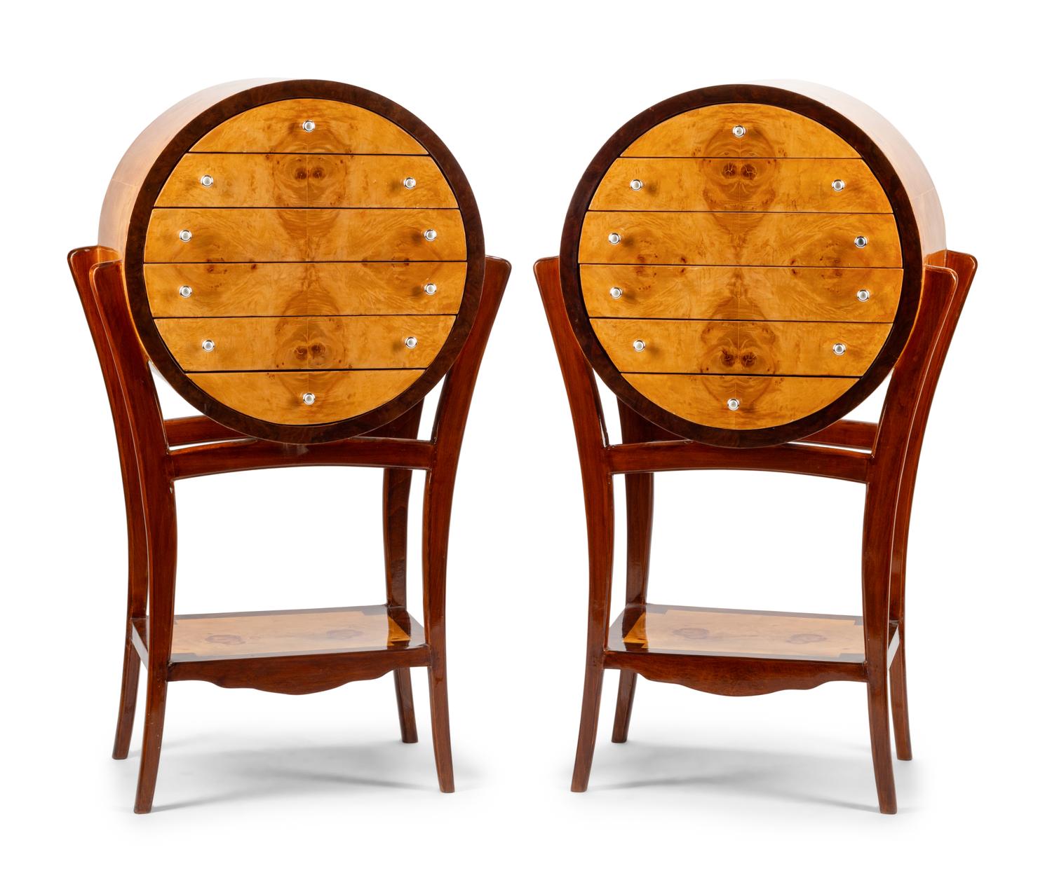 A Pair of Art Deco Style Burlwood Circular Chests on Stands