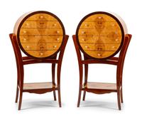 A Pair of Art Deco Style Burlwood Circular Chests on Stands