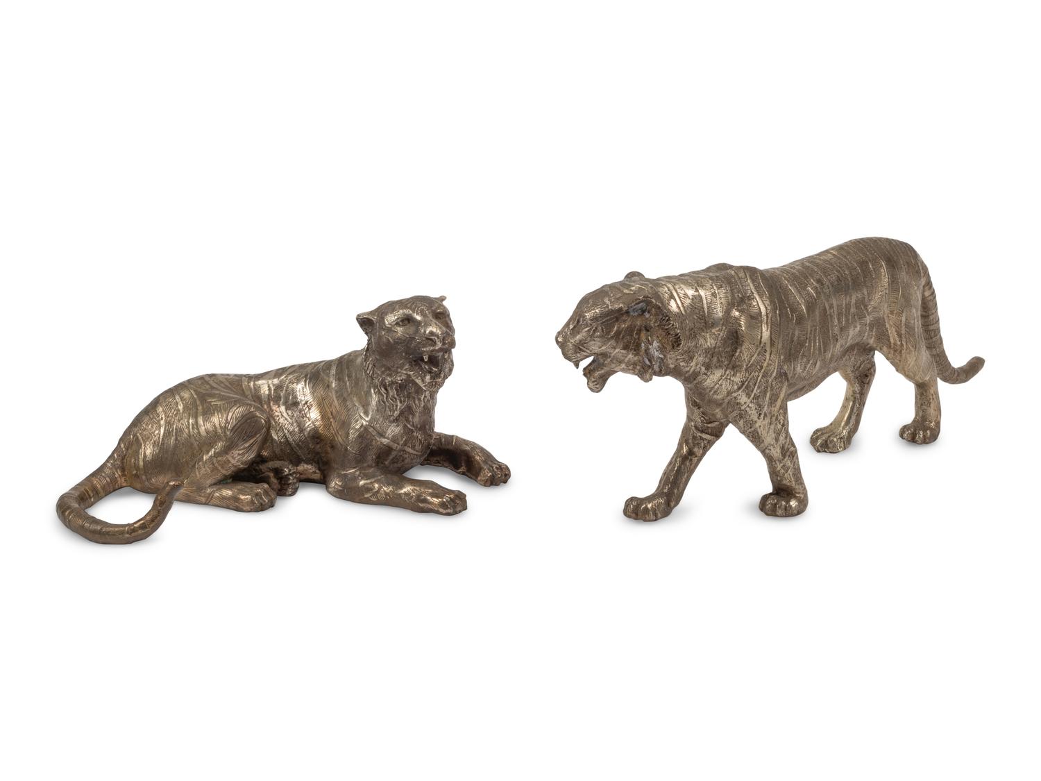Two Silvered Bronze Models of Tigers