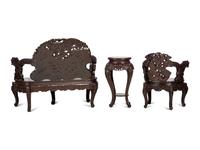A Japanese Carved Hardwood Armchair, Settee and Marble Inset Stand