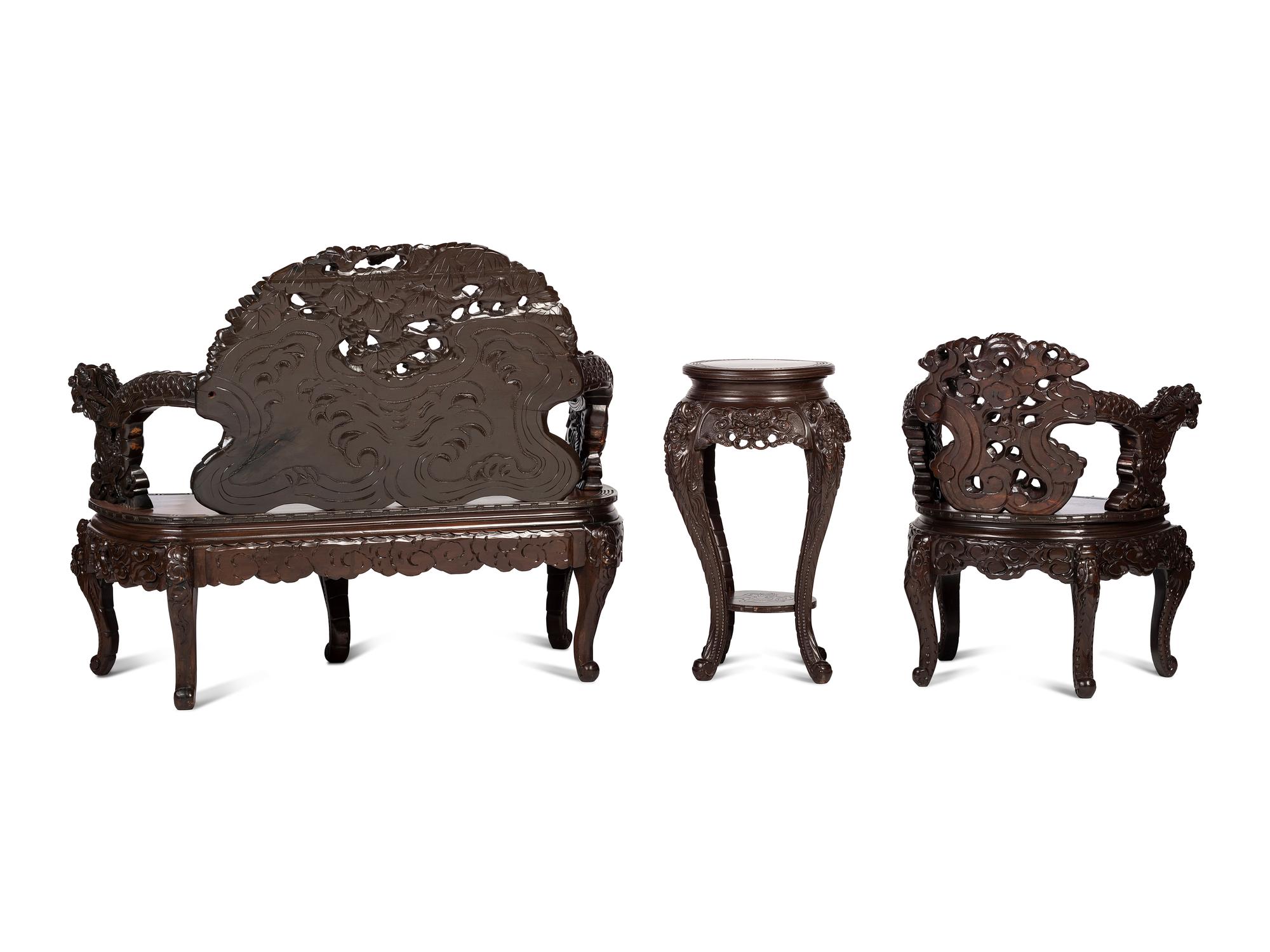 A Japanese Carved Hardwood Armchair, Settee and Marble Inset Stand