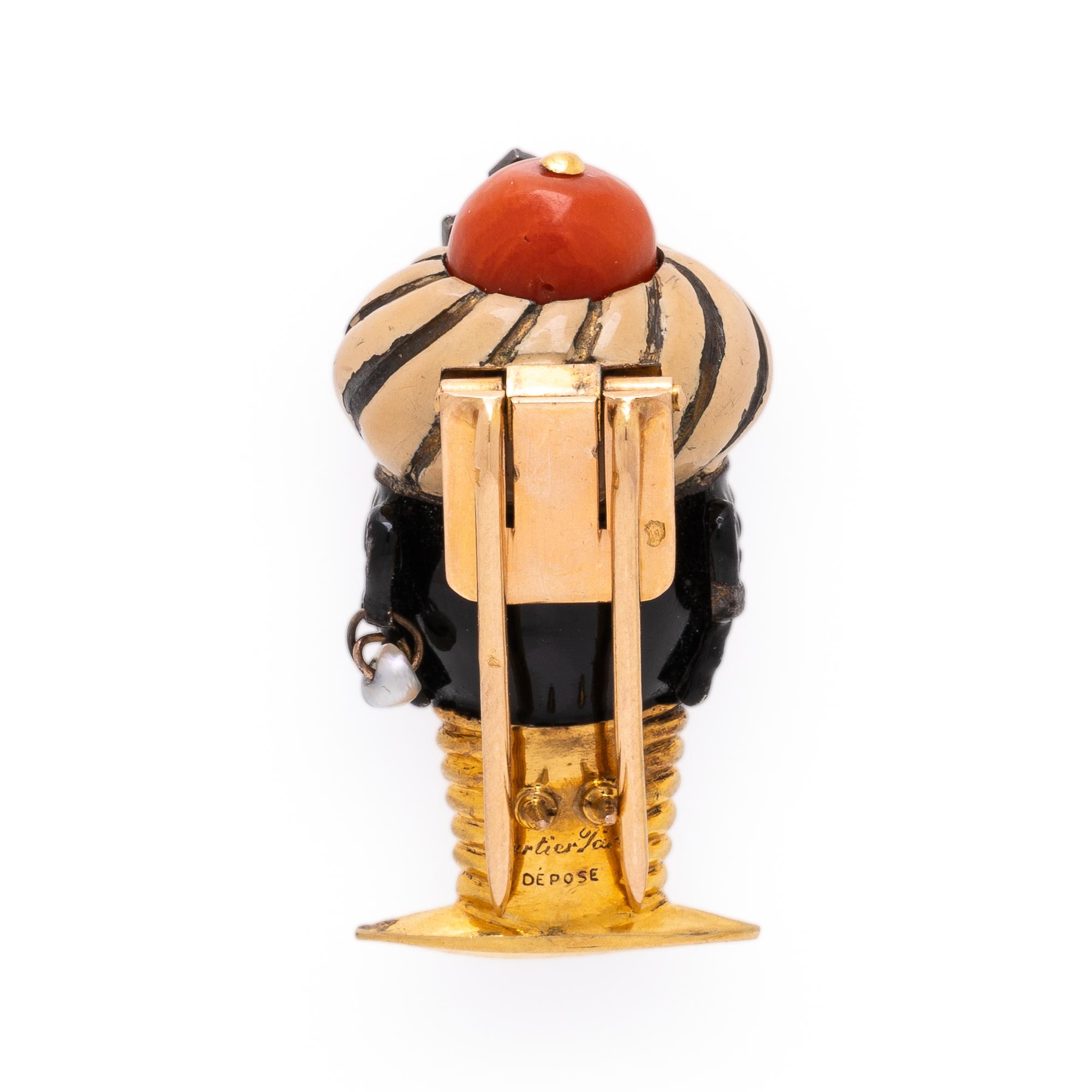 Cartier, Art Deco, Enamel, Coral, Diamond, and Yellow Gold Figural Brooch