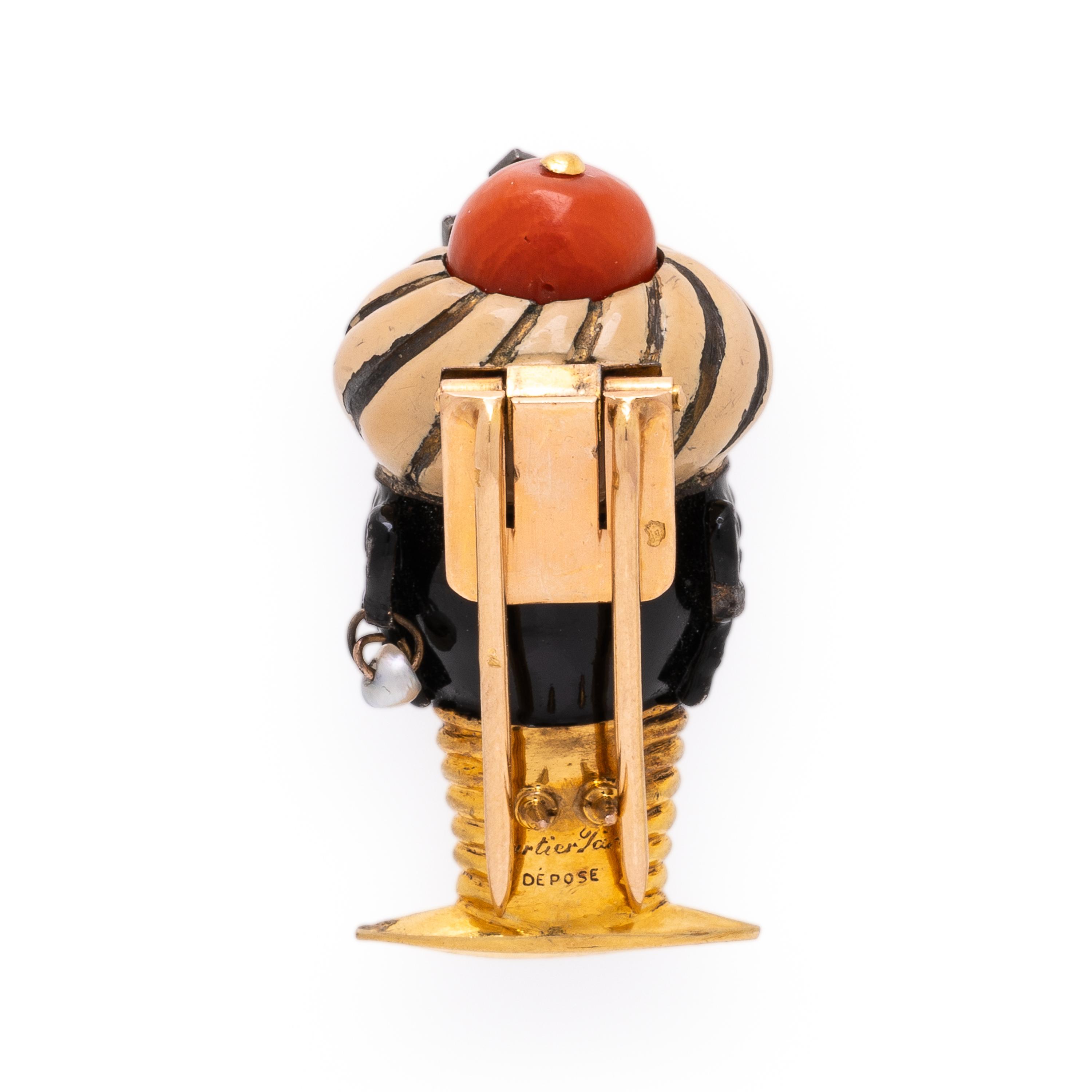 Cartier, Art Deco, Enamel, Coral, Diamond, and Yellow Gold Figural Brooch