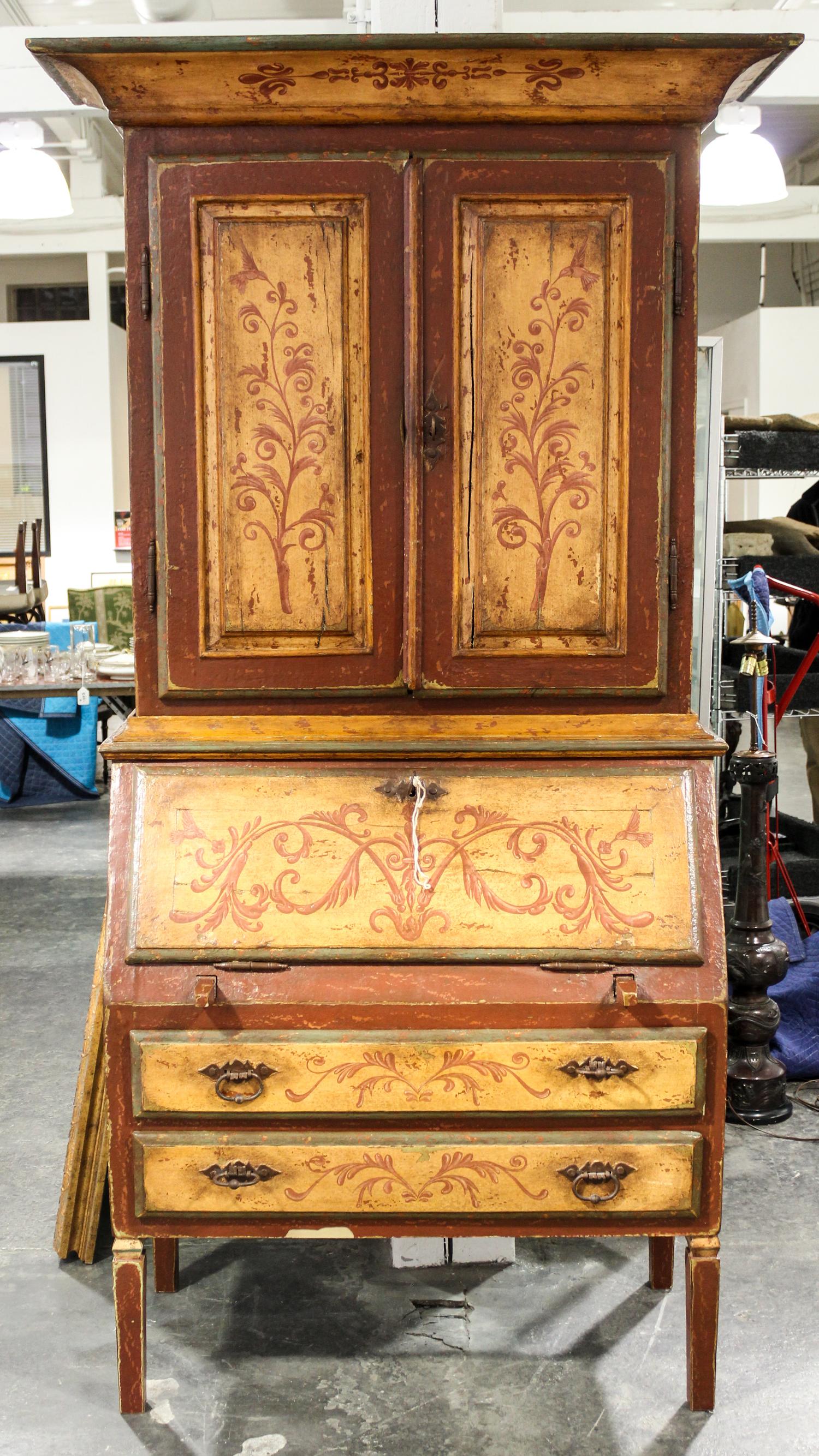 A Venetian Style Painted Secretary Bookcase Height 88 x width 47 x depth 19 1/2 inches.