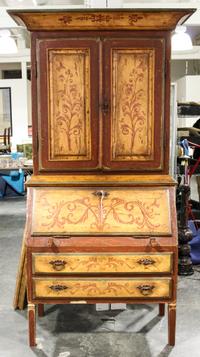 A Venetian Style Painted Secretary Bookcase Height 88 x width 47 x depth 19 1/2 inches.