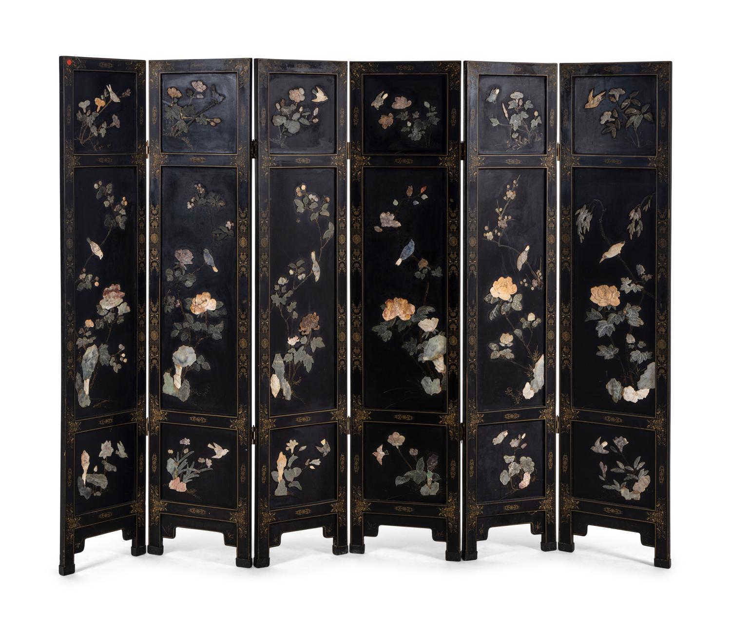 A Hardstone Inlaid Black Lacquered Six-Panel Floor Screen