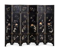 A Hardstone Inlaid Black Lacquered Six-Panel Floor Screen