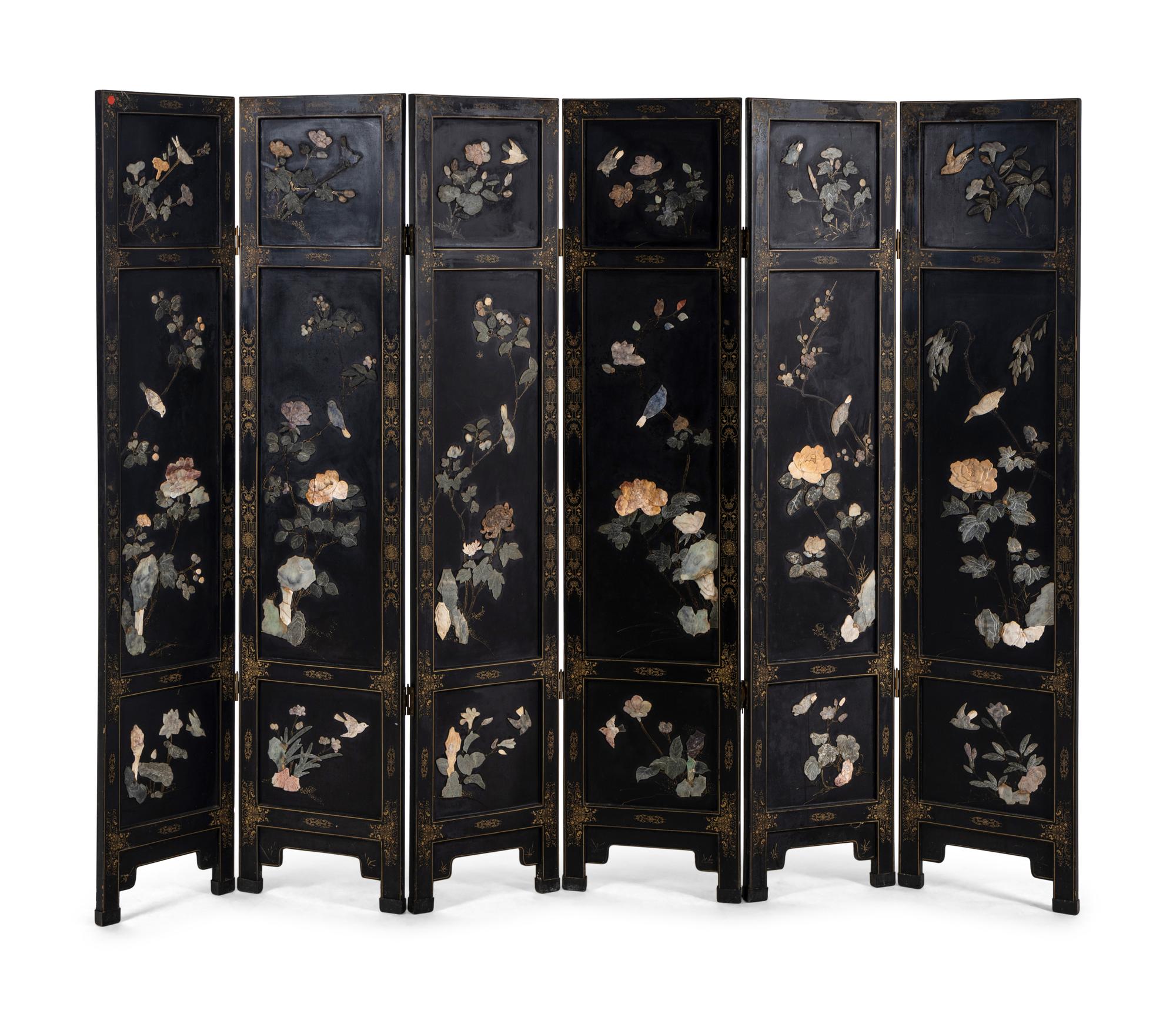 A Hardstone Inlaid Black Lacquered Six-Panel Floor Screen