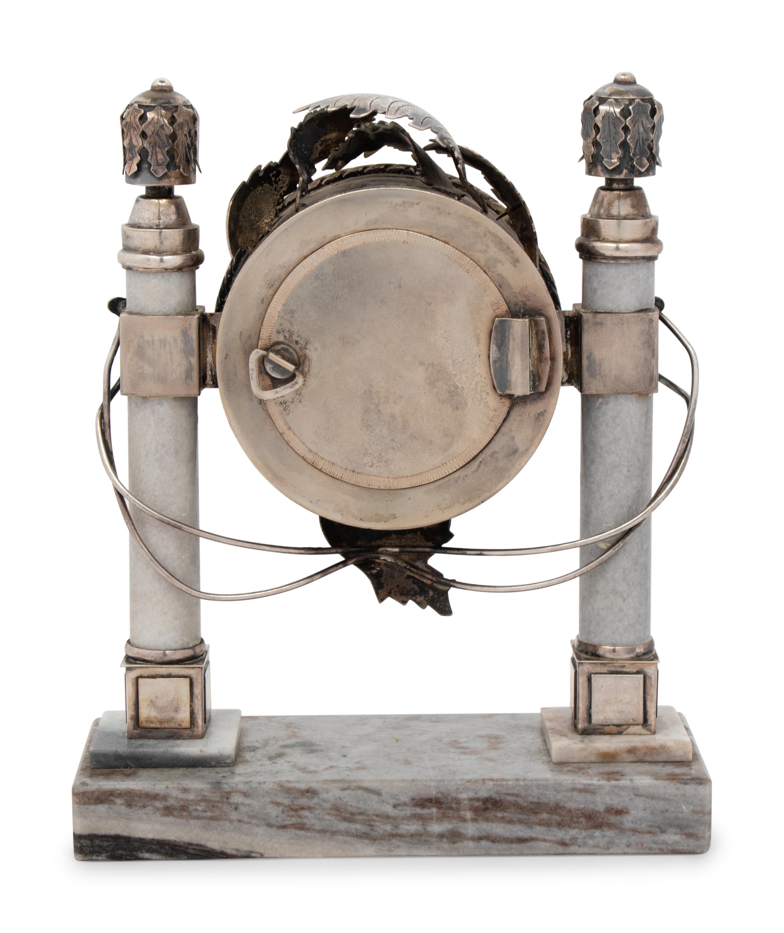 A Continental Silver and Marble Table Clock