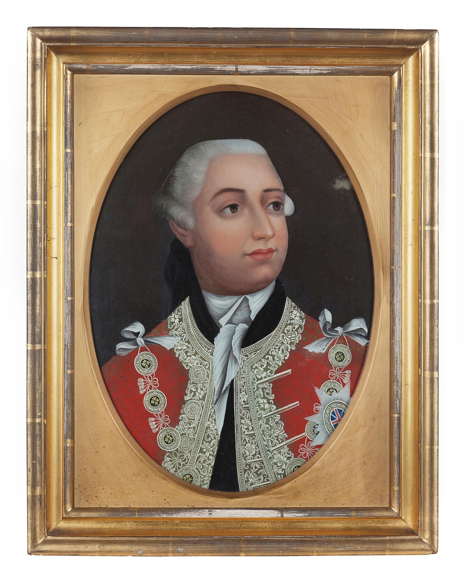 A Pair of English or Chinese Export Reverse-Painted Glass Portraits of George III and Queen Charlotte