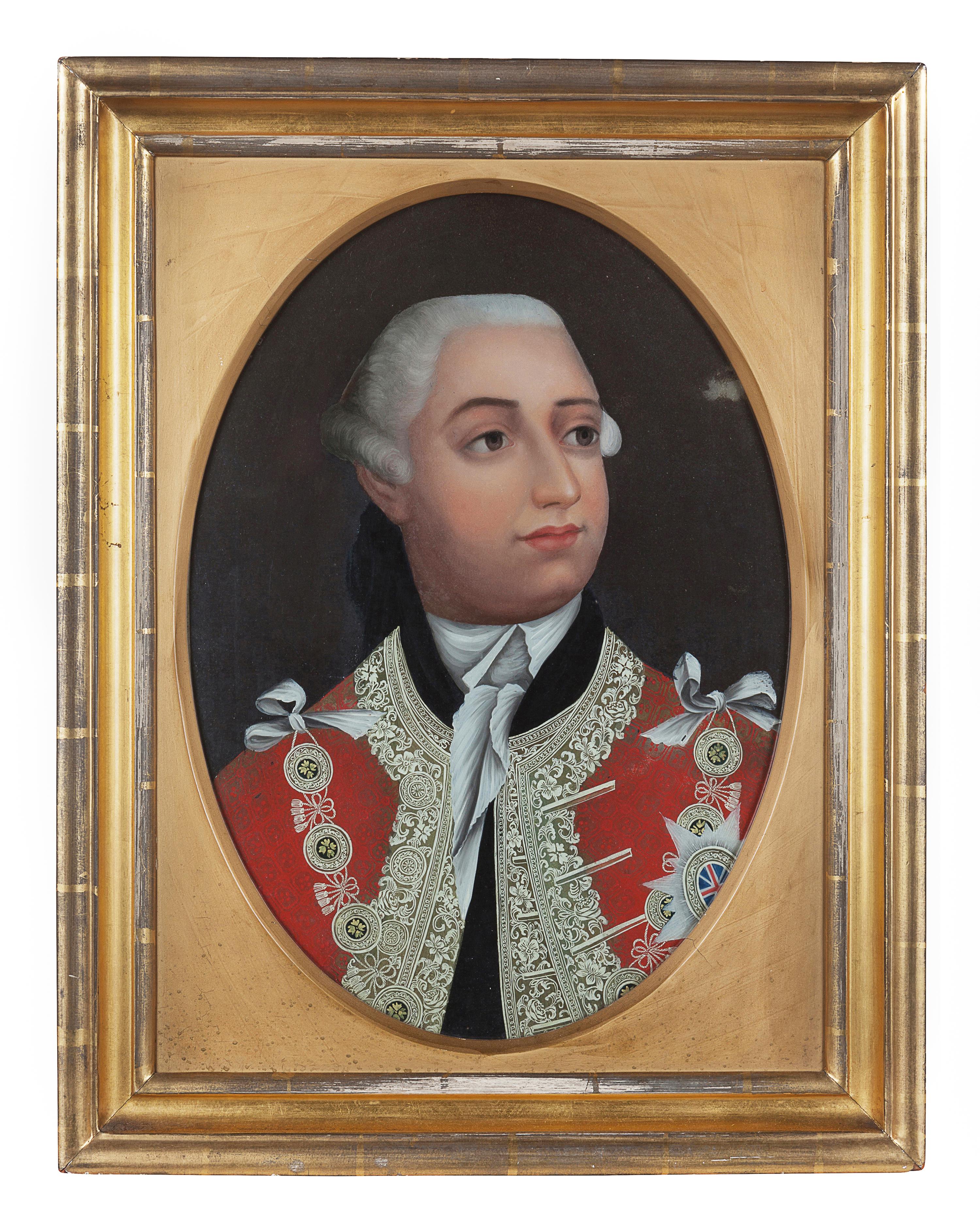 A Pair of English or Chinese Export Reverse-Painted Glass Portraits of George III and Queen Charlotte