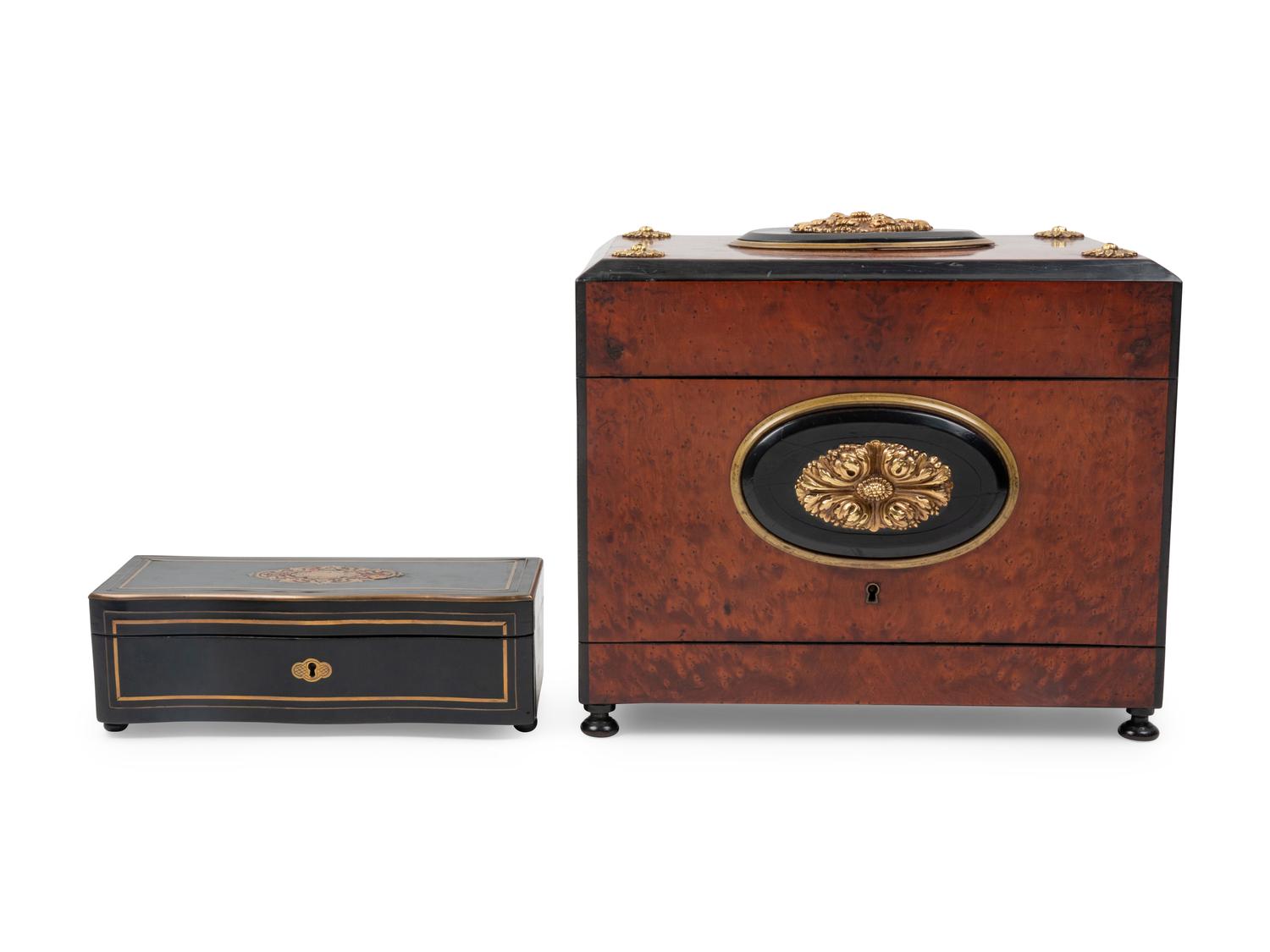 A Napoleon III Style Burlwood Cave à Liqueur and a Similar Table Casket