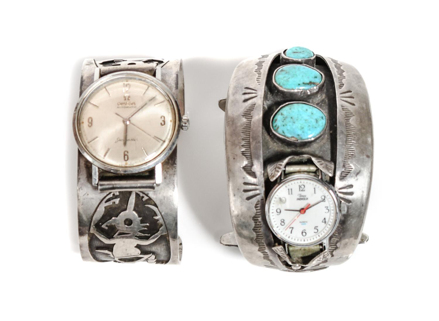 Two Southwestern Silver Watch Bands Length of first 5 5/8 x opening 1 3/8 x width 1 7/8 inches