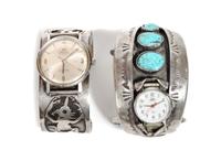 Two Southwestern Silver Watch Bands Length of first 5 5/8 x opening 1 3/8 x width 1 7/8 inches