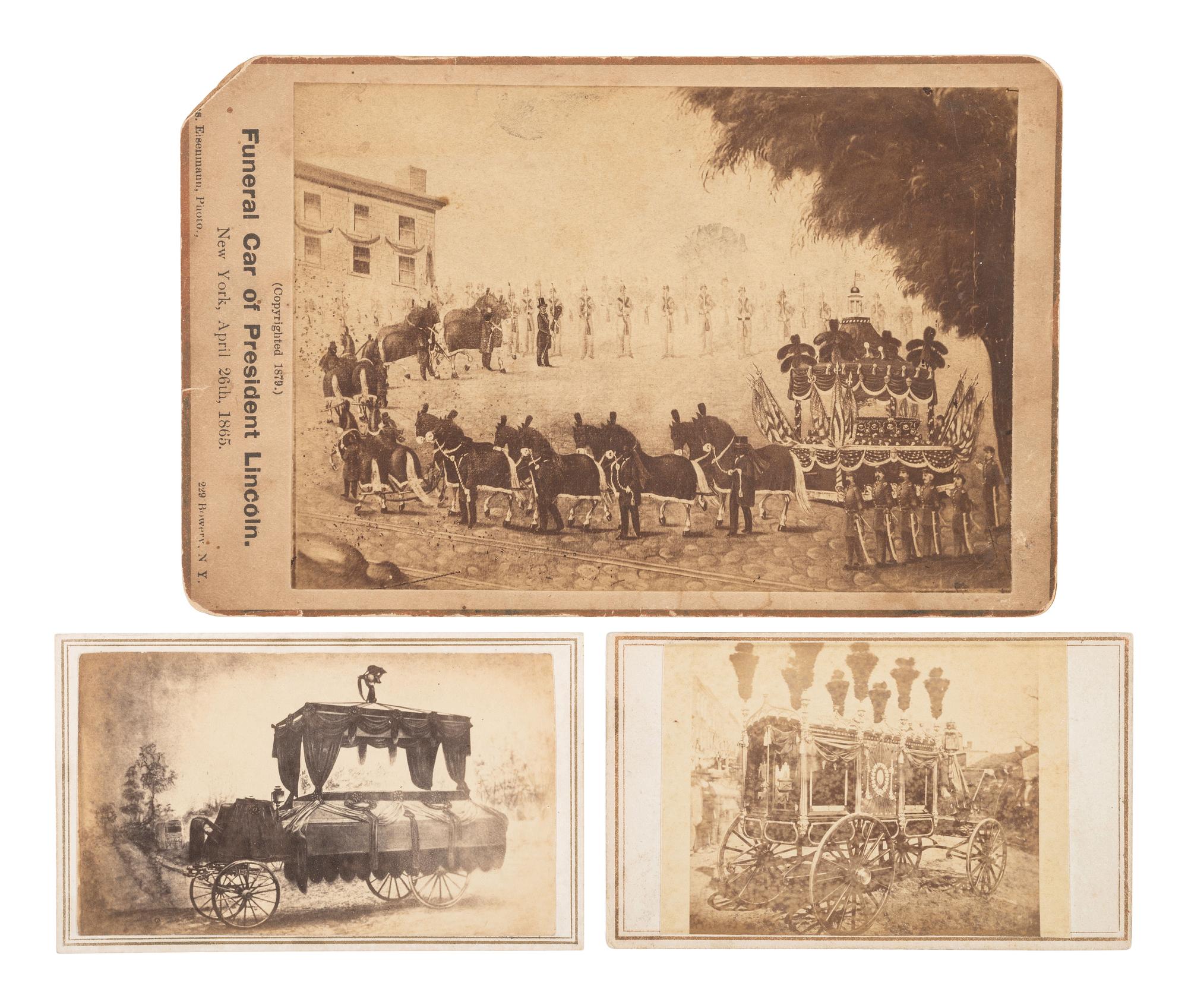 [LINCOLN, Abraham (1809-1865)]. A group of 4 images depicting funeral cars and catafalques that conveyed Lincoln's body through the funeral cities.