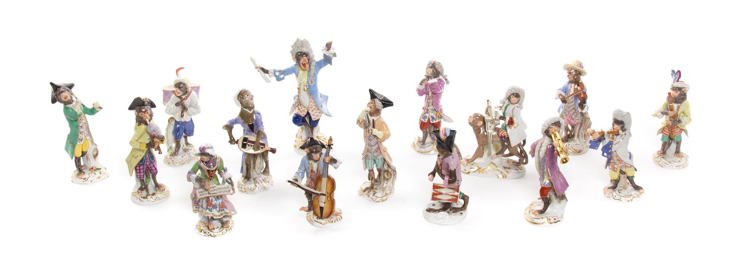 An Assembled Meissen Porcelain Monkey Band, Height of tallest 7 1/2 inches.