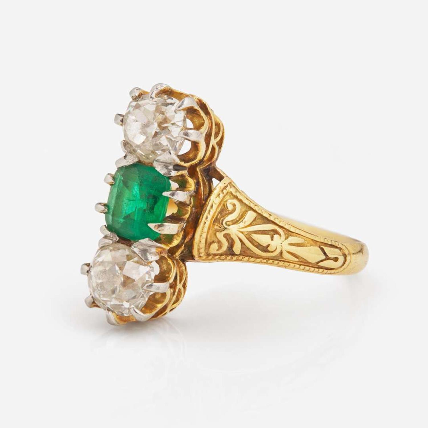 A Three-Stone 14K Yellow Gold, Emerald, and Diamond Ring Victorian, c.1900
