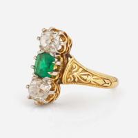 A Three-Stone 14K Yellow Gold, Emerald, and Diamond Ring Victorian, c.1900