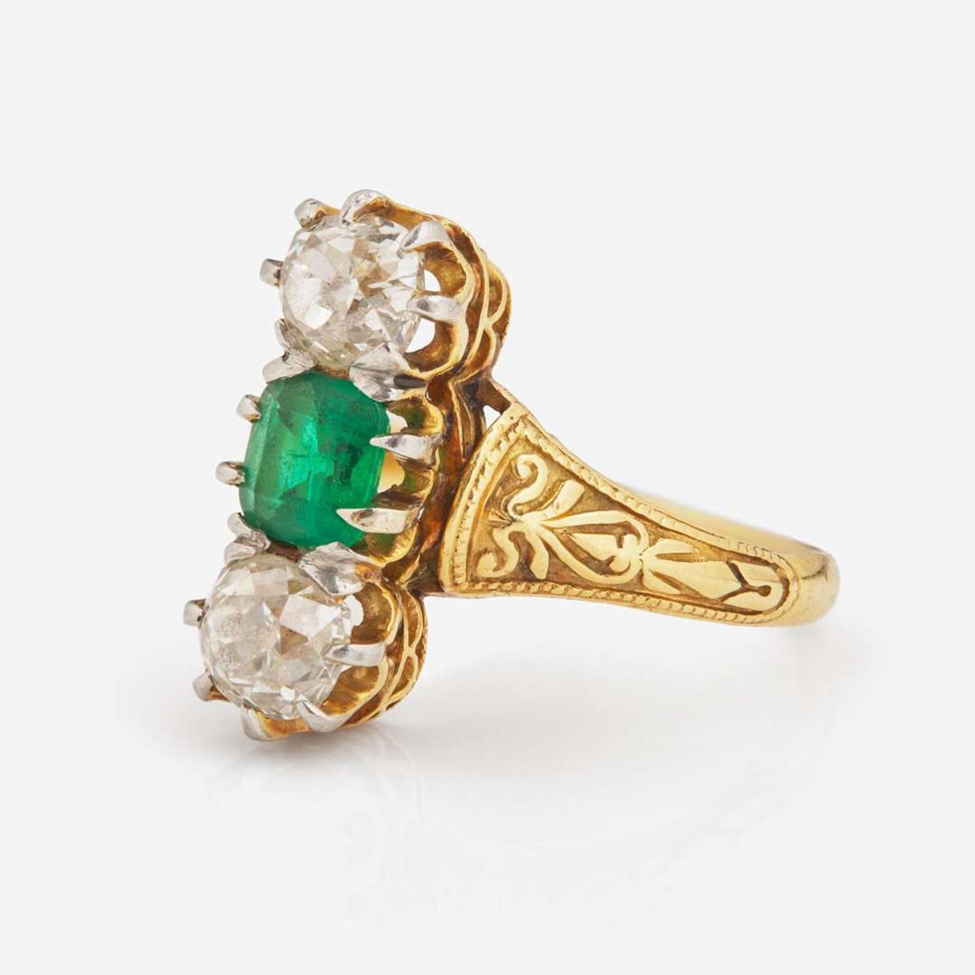 A Three-Stone 14K Yellow Gold, Emerald, and Diamond Ring Victorian, c.1900