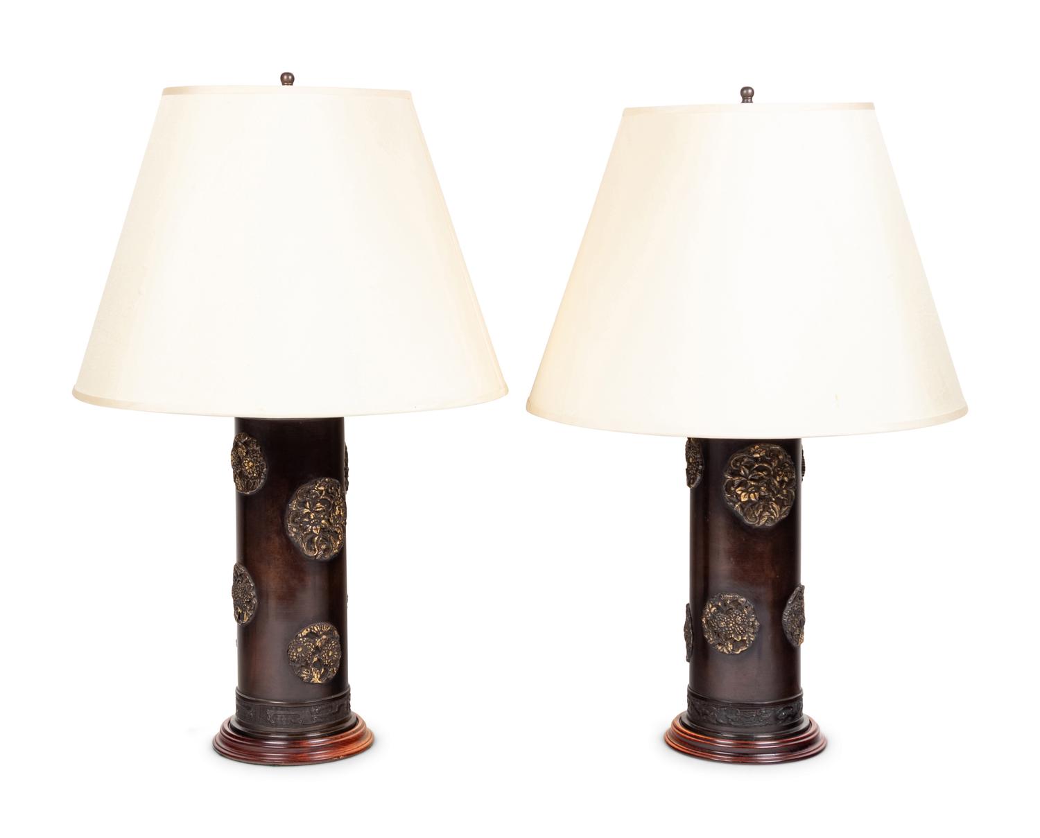 A Pair of Japanese Cast Metal Cylindrical Vases Mounted as Lamps with Shades