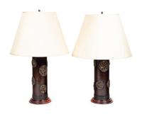 A Pair of Japanese Cast Metal Cylindrical Vases Mounted as Lamps with Shades