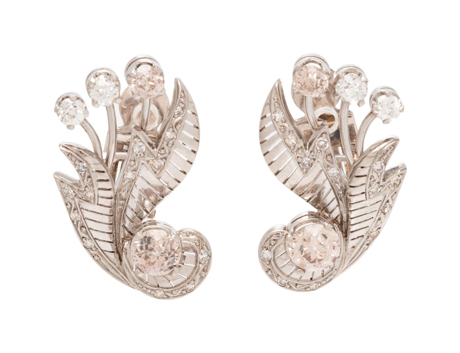 A Pair of Platinum and Diamond Foliate Motif Earclips,