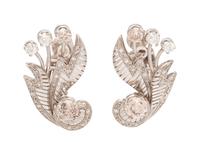A Pair of Platinum and Diamond Foliate Motif Earclips,