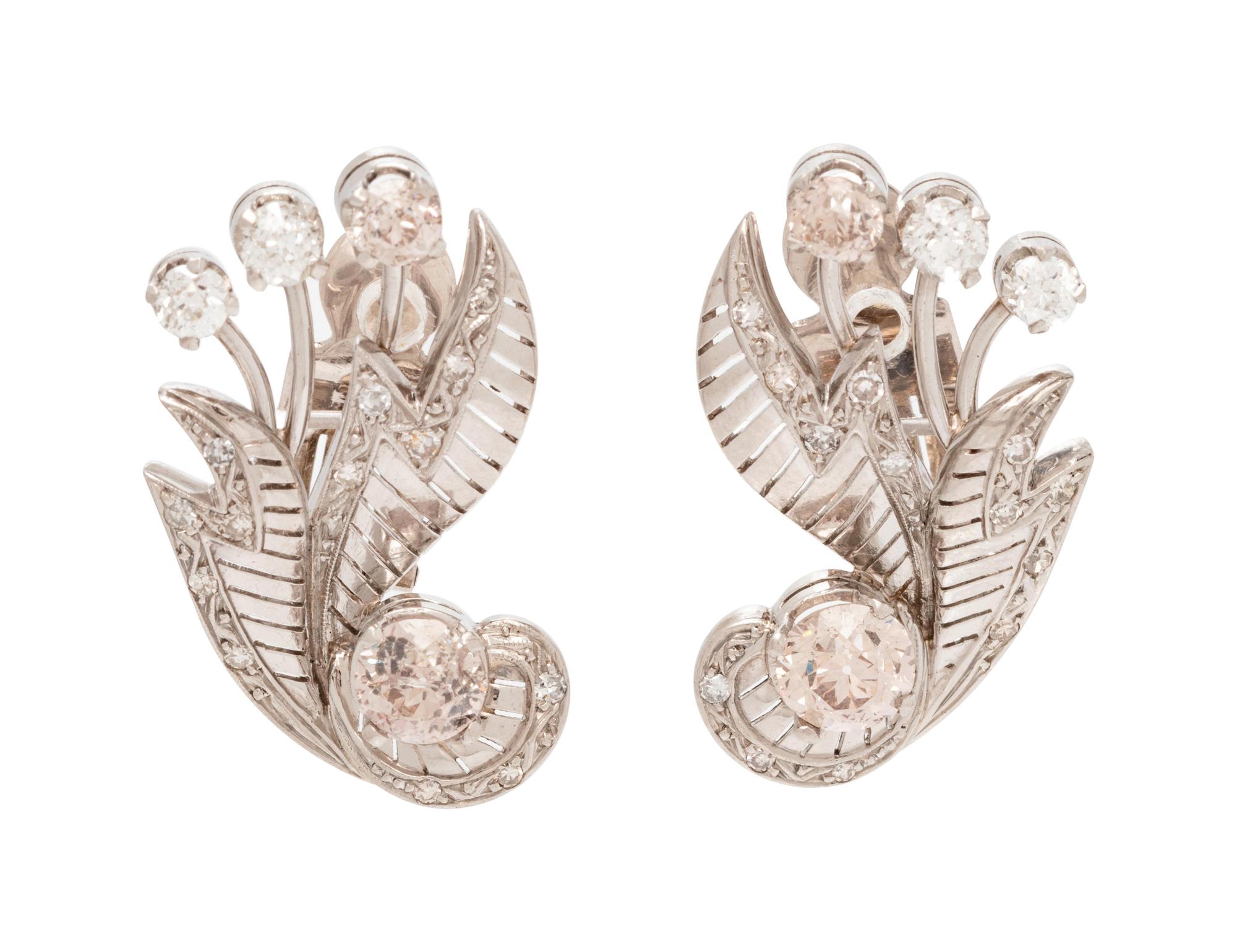 A Pair of Platinum and Diamond Foliate Motif Earclips,