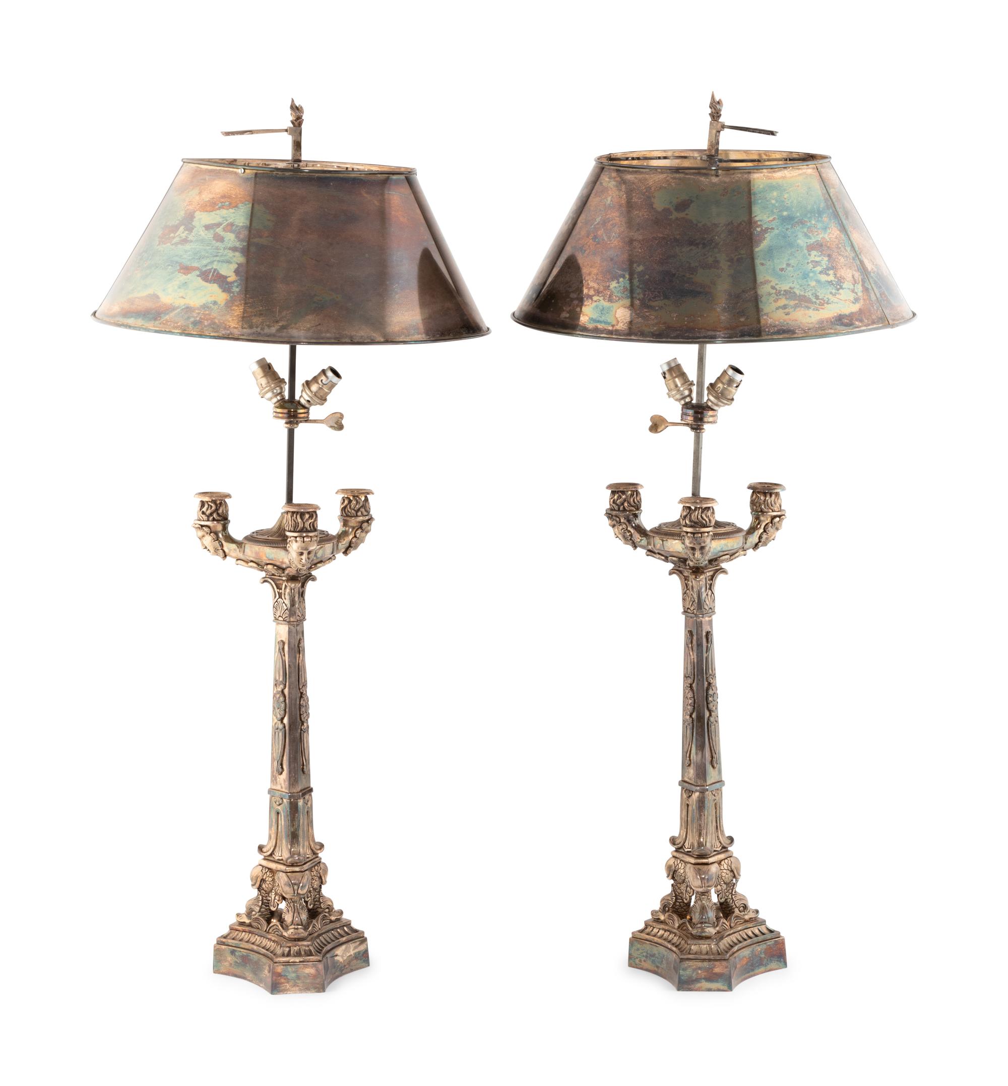A Pair of Silver-Plate Candelabra Mounted as Lamps