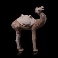 A Chinese Painted Pottery Figure of a Camel and A Pottery Figure of an Attendant, Tang Dynasty 唐 彩陶駱駝及男佣各一