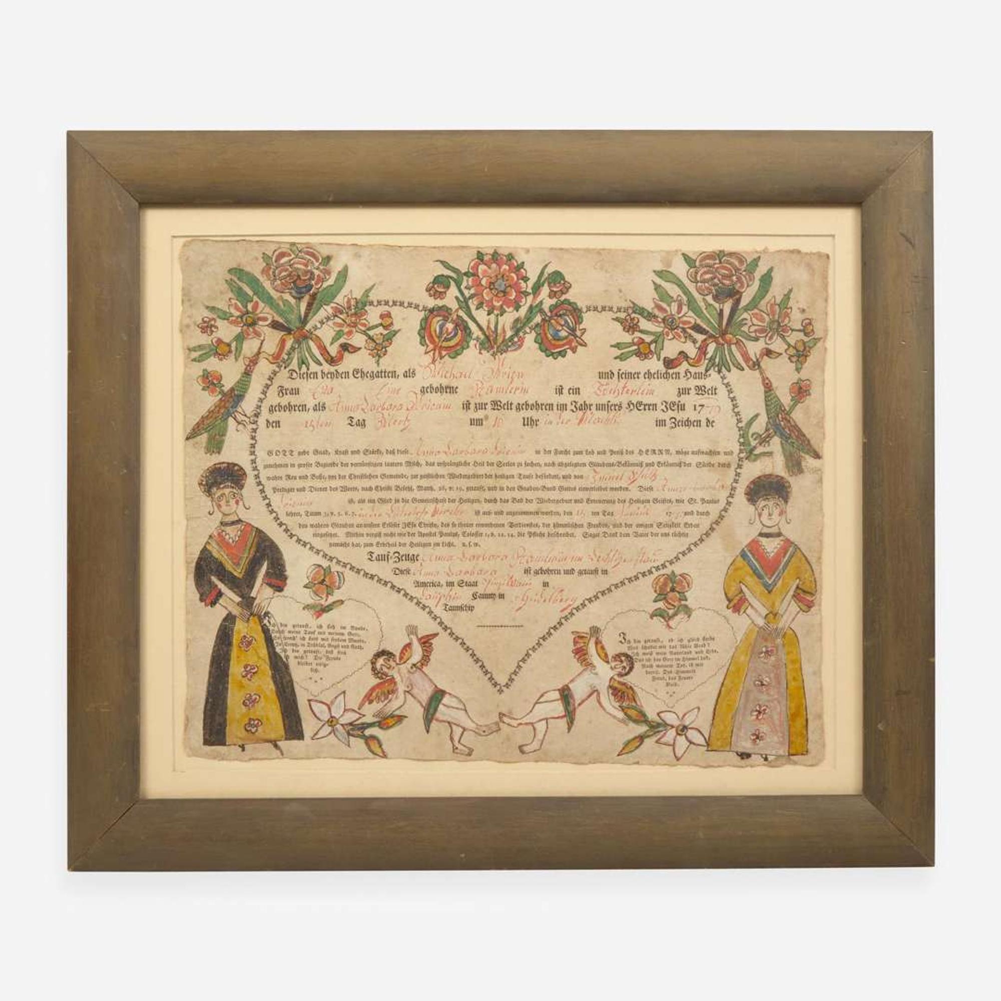 Georg Freiderich Speyer (active c. 1774-1801) A Fraktur birth and baptism record for Anna Barbara Krionin, dated "1779"