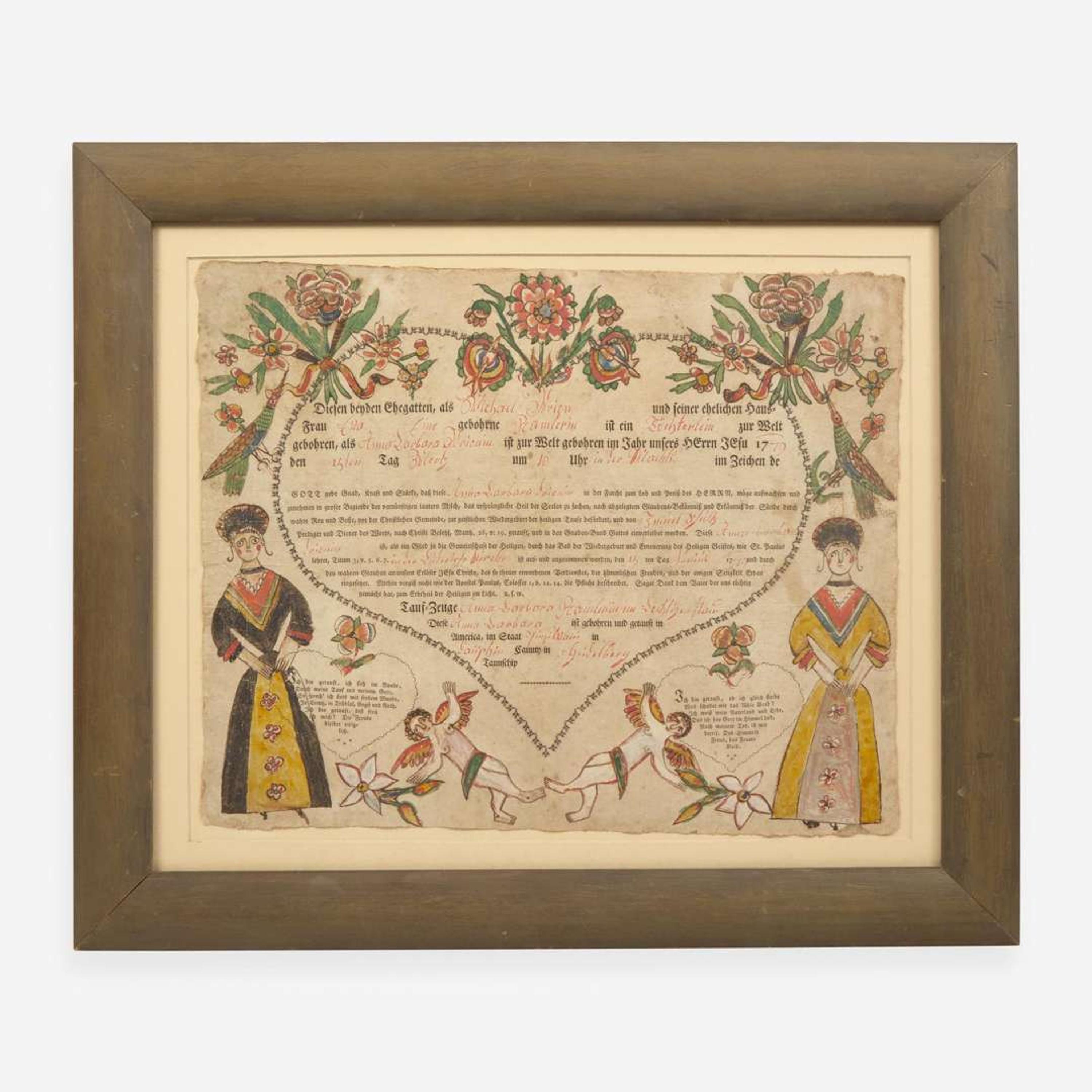 Georg Freiderich Speyer (active c. 1774-1801) A Fraktur birth and baptism record for Anna Barbara Krionin, dated "1779"