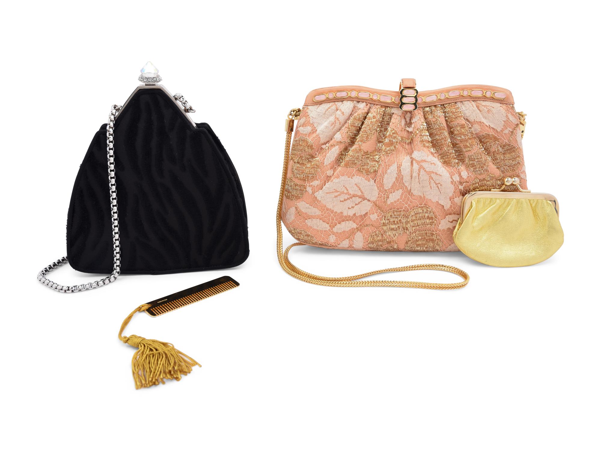 Two Judith Leiber Shoulder Bags: One Velvet and One Satin with Lace