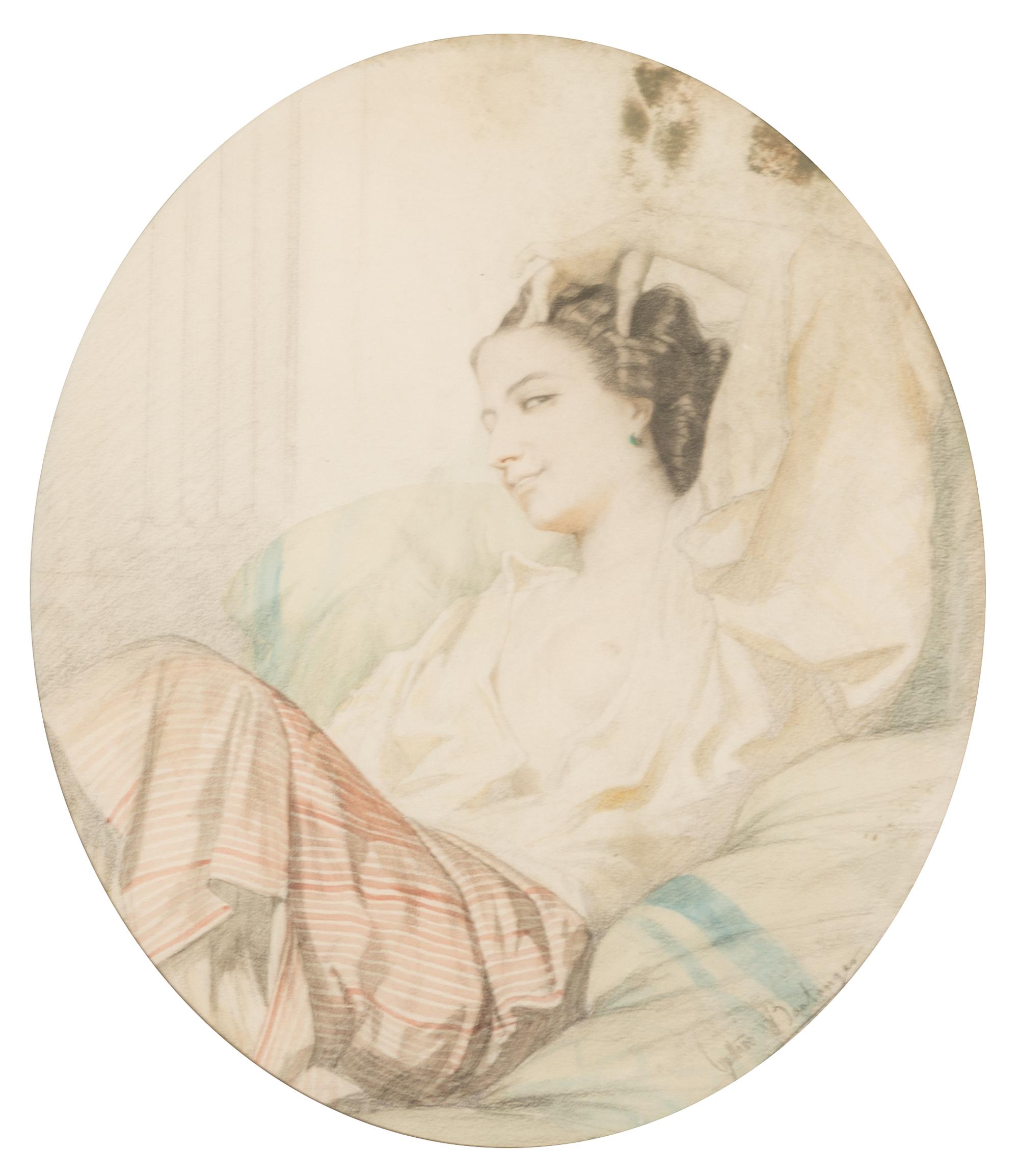 Gustave Clarence Rodolphe Boulanger, (French, 1824-1888), Woman with an Open Blouse Reclining on Pillows