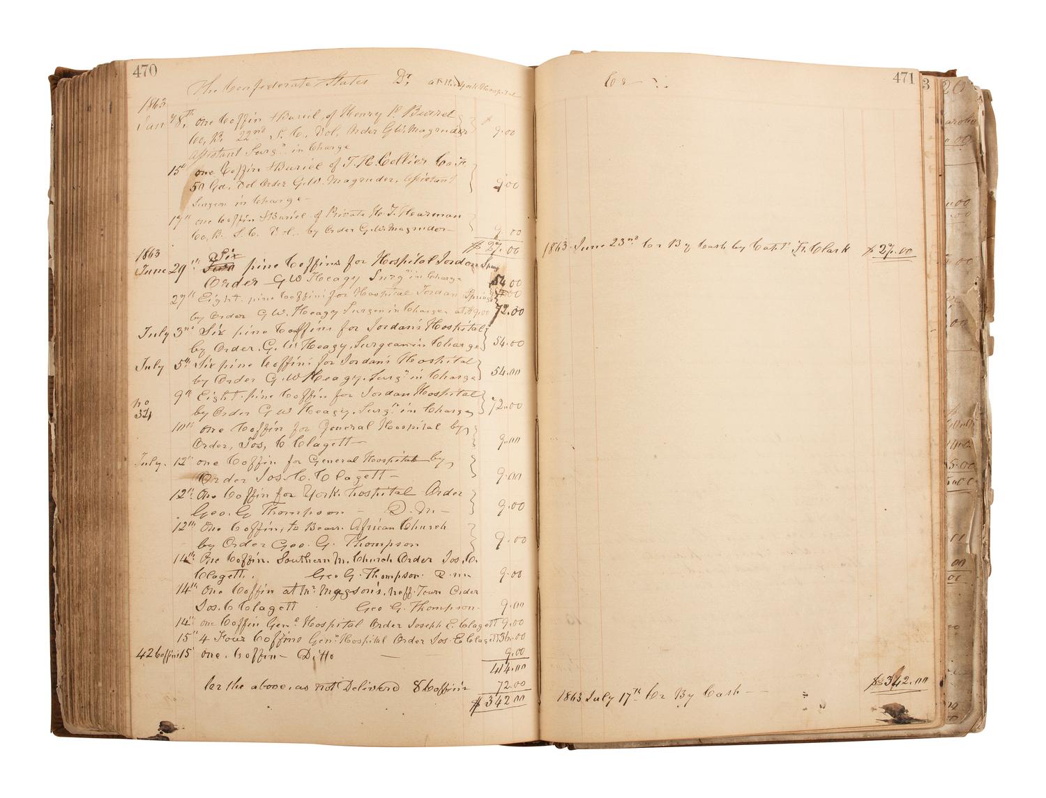 [CIVIL WAR]. Ledger book associated with Winchester, Virginia, cabinet maker John Kerr (1797-1875), documenting coffins built and sold for Union and Confederate soldiers as well as other wartime activity.