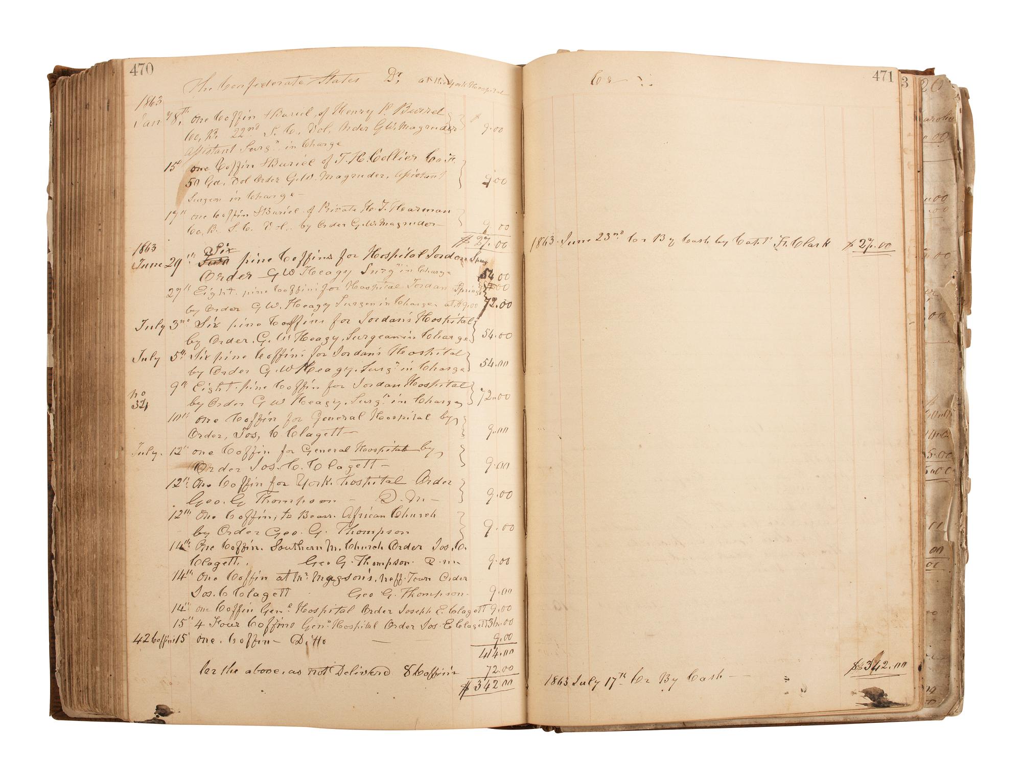 [CIVIL WAR]. Ledger book associated with Winchester, Virginia, cabinet maker John Kerr (1797-1875), documenting coffins built and sold for Union and Confederate soldiers as well as other wartime activity.
