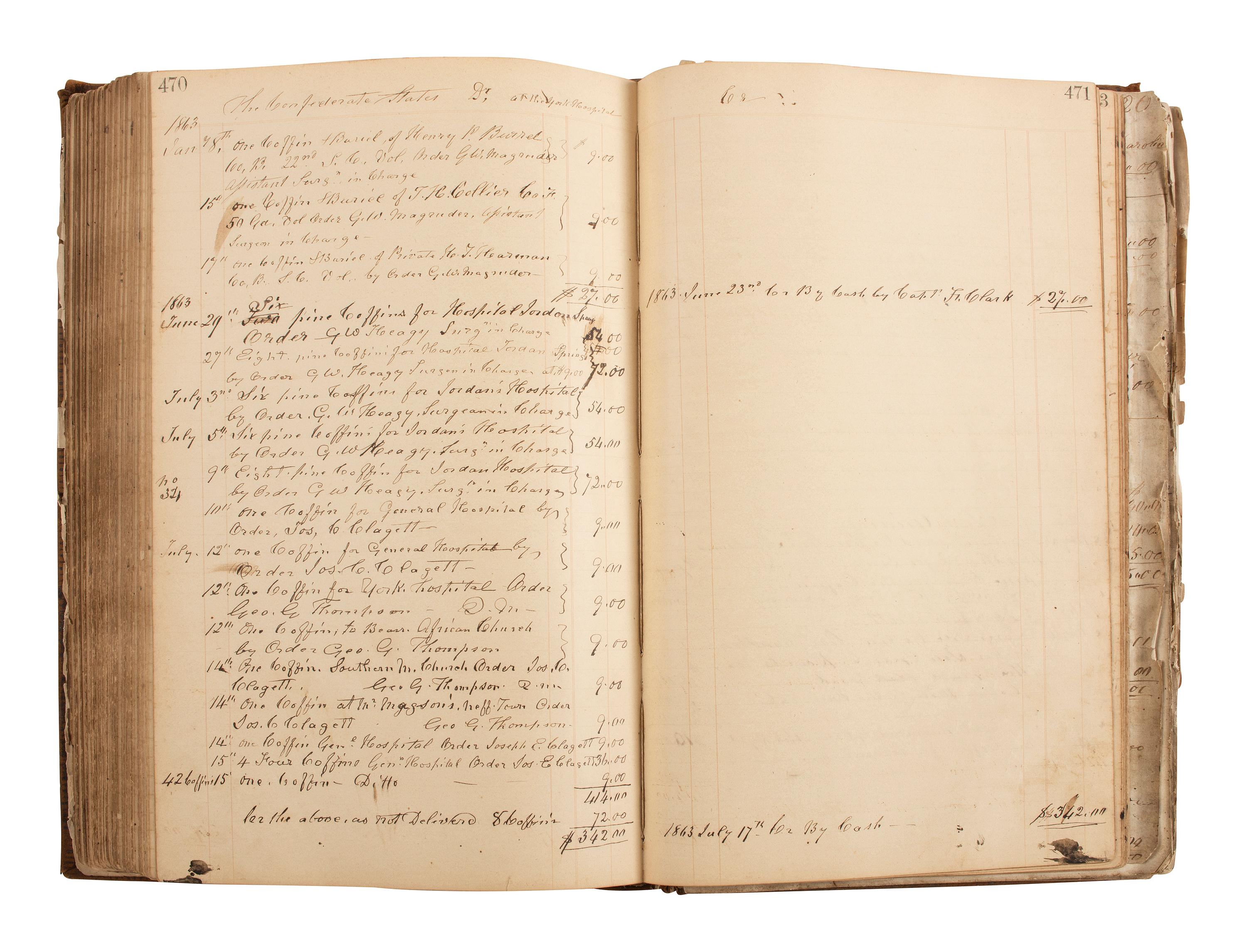 [CIVIL WAR]. Ledger book associated with Winchester, Virginia, cabinet maker John Kerr (1797-1875), documenting coffins built and sold for Union and Confederate soldiers as well as other wartime activity.