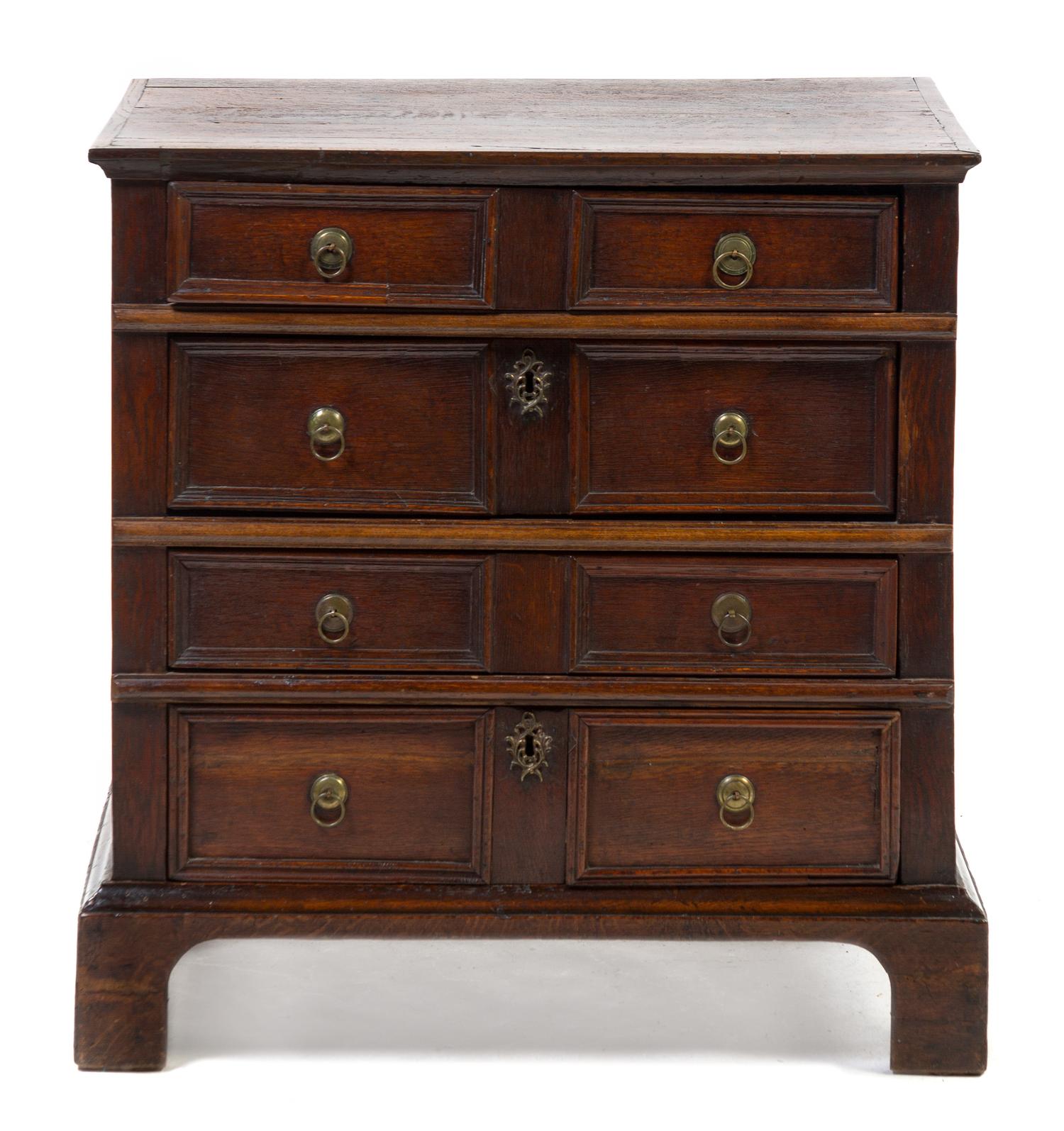 A Charles II Oak Chest of Drawers, Height 30 x width 29 1/4 x depth 19 inches.