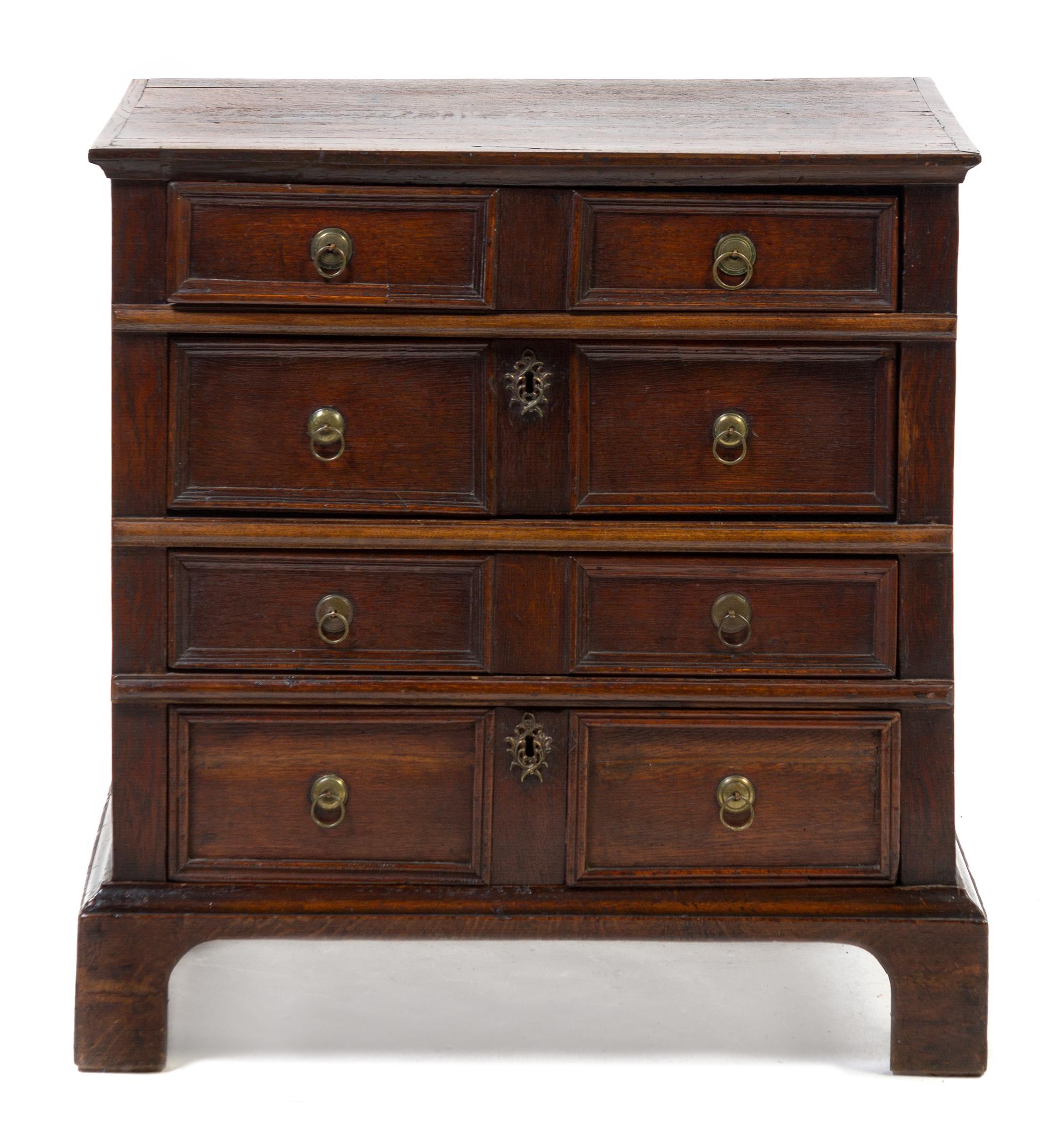 A Charles II Oak Chest of Drawers, Height 30 x width 29 1/4 x depth 19 inches.