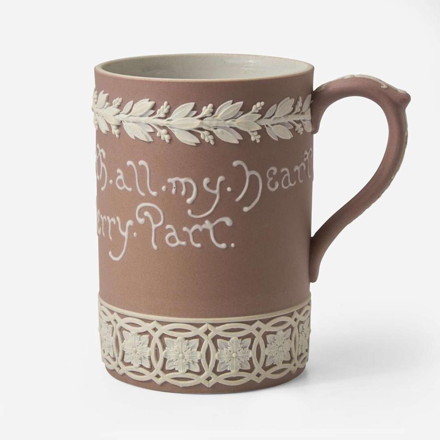 A Wedgwood Harry Barnard (1862-1933) Designed Lilac Dip Jasper Motto Mug UK, circa 1900