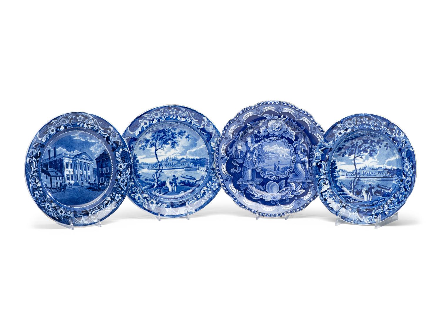 Four Historical Blue Staffordshire Plates of Philadelphia Interest