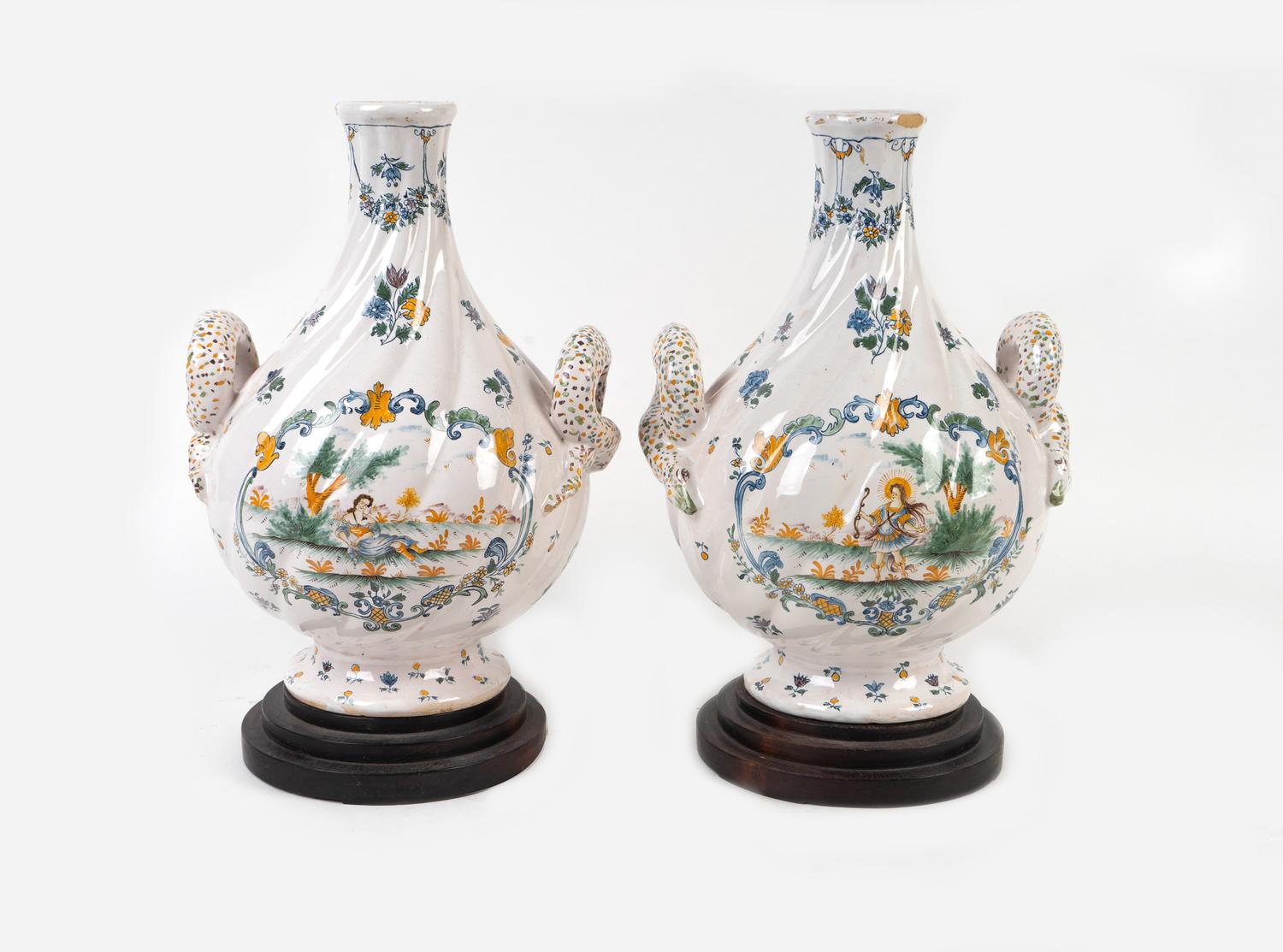 A Pair of French Faience Two-Handled Vases — 19TH CENTURY