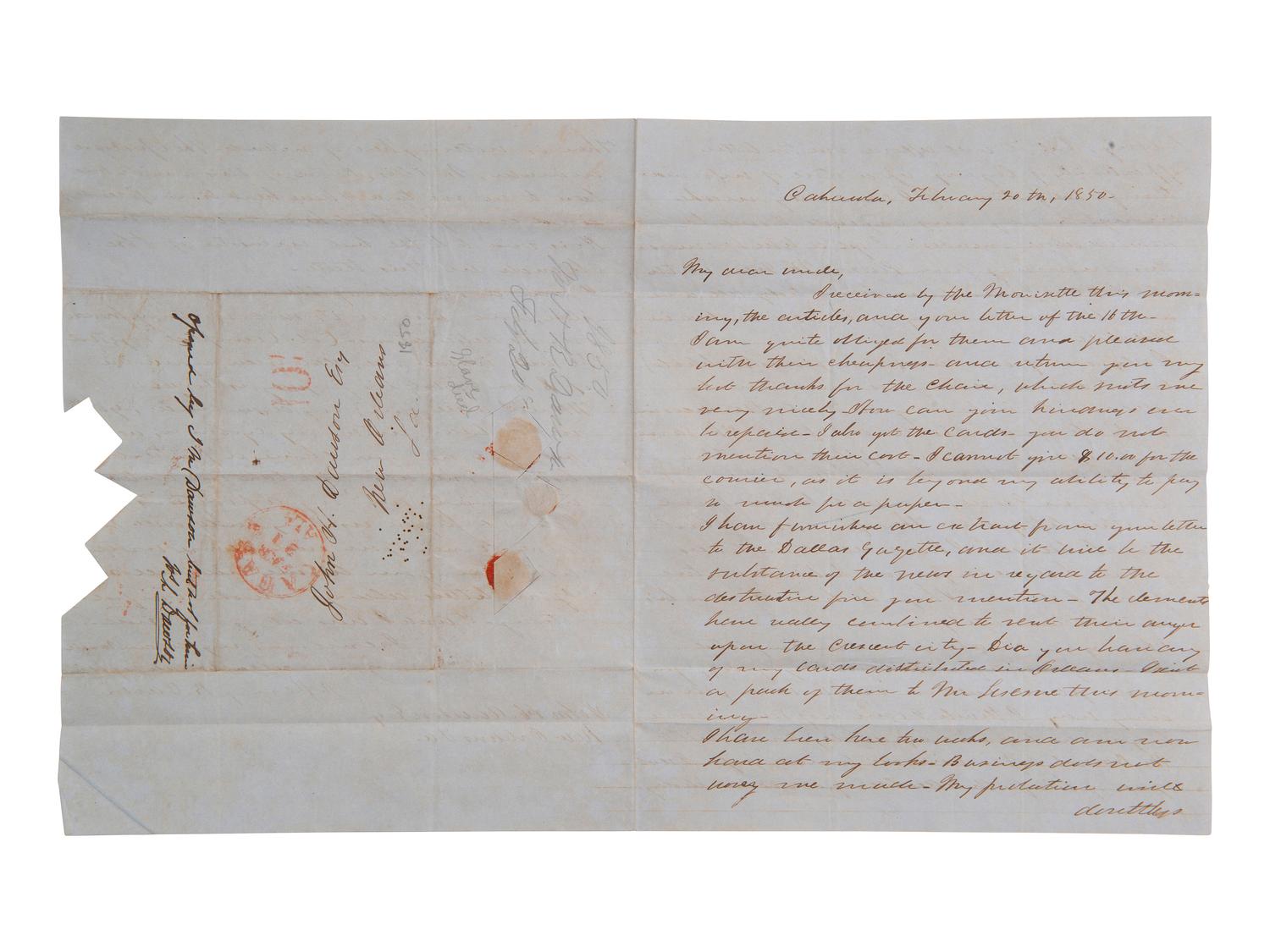 [ENSLAVEMENT]. Pair of letters from N. Henry R. DAWSON to his uncle regarding slaves. 1850.
