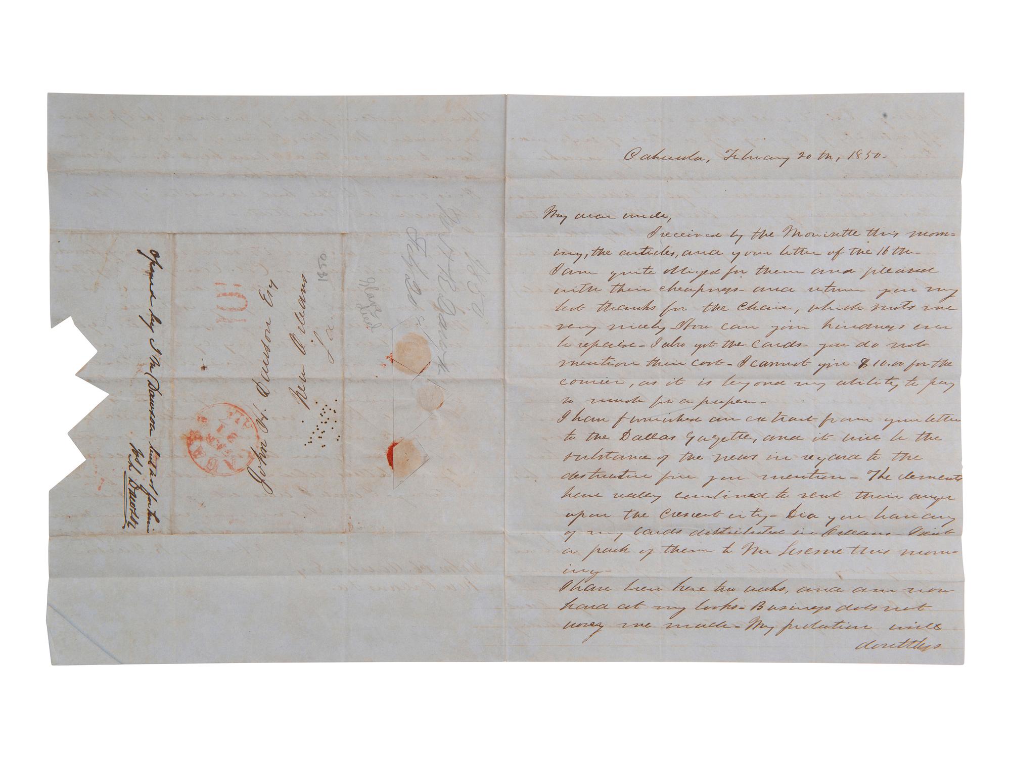 [ENSLAVEMENT]. Pair of letters from N. Henry R. DAWSON to his uncle regarding slaves. 1850.