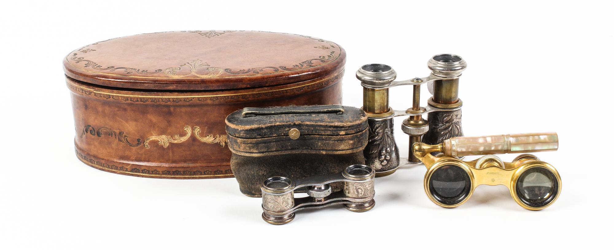 Two Pairs of French Opera Glasses and a Leather Clad Jewelry Casket Height of casket 5 inches. — 19TH CENTURY