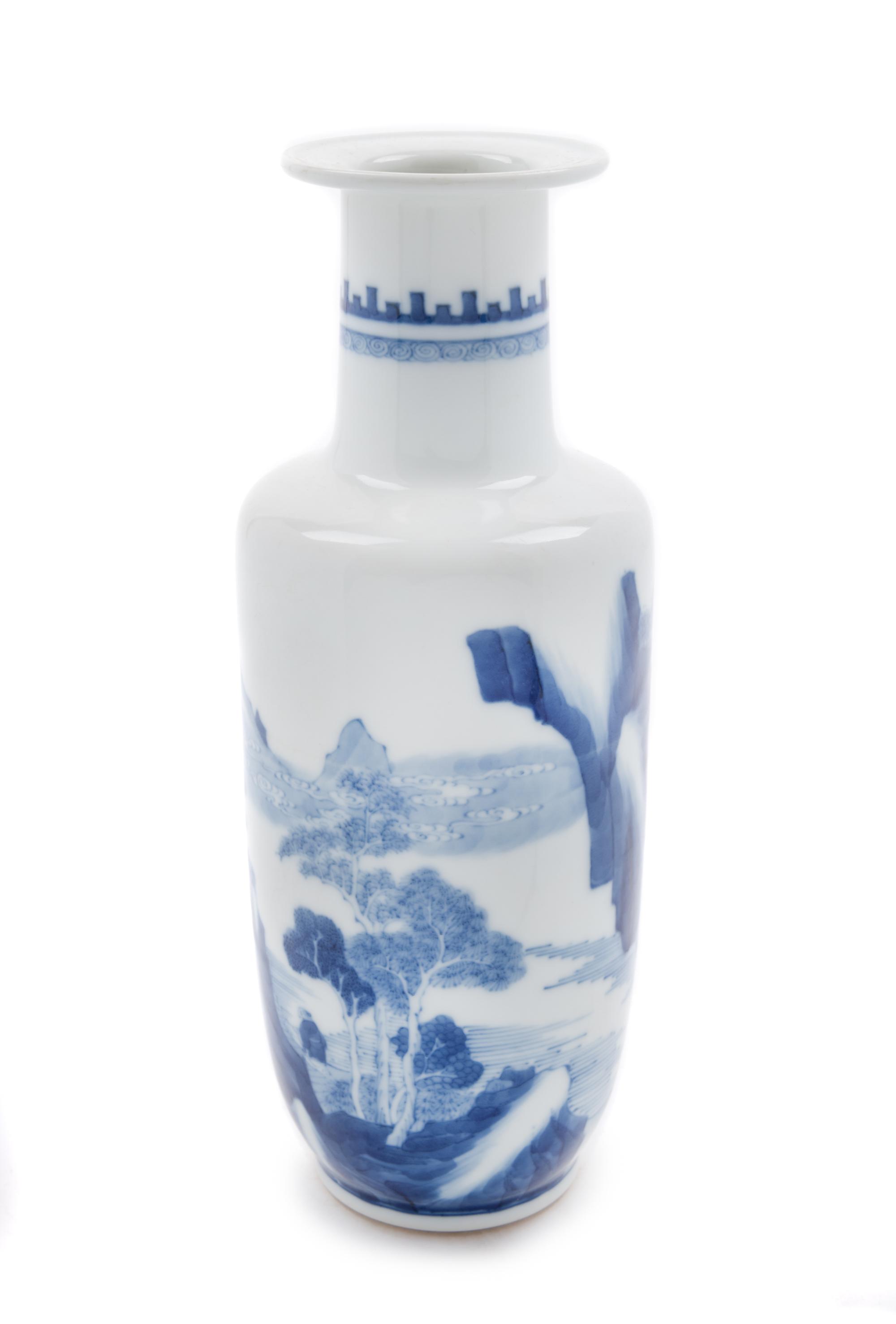 A Small Blue and White Porcelain Rouleau Vase